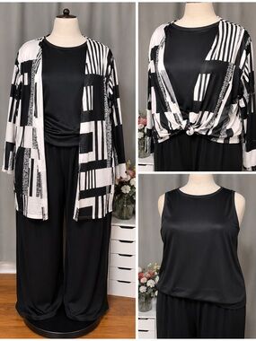 Black Satin Tank Top with Black & White Geometric Cardigan & Black Pants